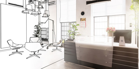 Contemporary Office Counter & Lounge Design (drawing) - panoramic 3d visualization