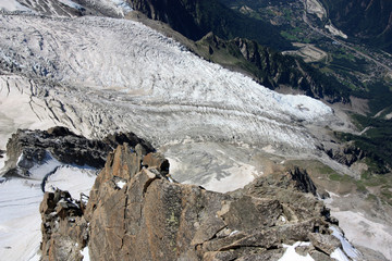 Glacier lobe of the Mont Blanc heading towards Chamonix, France. Seen from the peak of the Aiguille-du-Midi