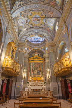 PARMA, ITALY - APRIL 17, 2018: The nave of baroque church Chiesa di Santa Lucia with the frescoes by Alessandro Baratta from 17. cent.
