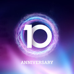 White numbers 10 years anniversary celebration on dark background with neon abstract design. celebration template, Greeting card, holiday template, flyer, copy space.