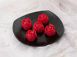 Indian Valentine Special Sweet Food Gulab Peda or Rose Peda in Traditional Rose Flower Shaped Sweet