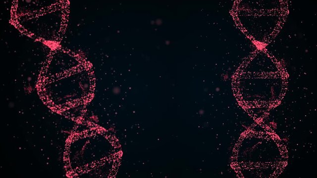 DNA helix strand made of particles with amino acid floating around on dark background.