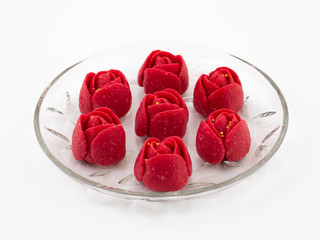 Indian Valentine Special Sweet Food Gulab Peda or Rose Peda in Traditional Rose Flower Shaped Sweet