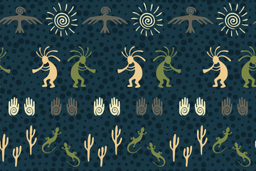 Traditional, design with gecko, Kokopelli fertility god, sun, bird, cacti.