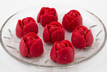 Indian Valentine Special Sweet Food Gulab Peda or Rose Peda in Traditional Rose Flower Shaped Sweet
