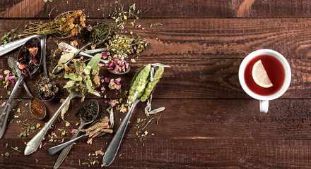 Assortment of dry tea in spoons and cup of tee on a wooden background. Top view with copy space.