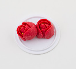 Obraz na płótnie Canvas Indian Valentine Special Sweet Food Gulab Peda or Rose Peda in Traditional Rose Flower Shaped Sweet