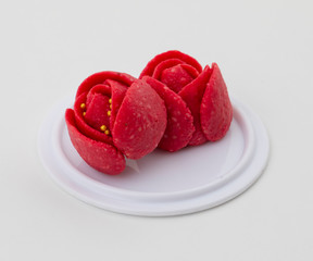 Indian Valentine Special Sweet Food Gulab Peda or Rose Peda in Traditional Rose Flower Shaped Sweet
