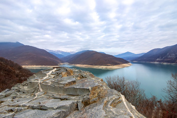 Picturesque panorama of the Zhinvali reservoir in winter.