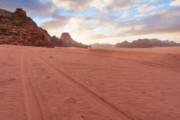 Wadi Rum desert landscape in Jordan, in the morning with sunrise sky