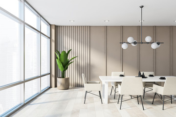 Modern beige panoramic dining room interior