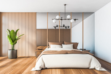 White and wooden master bedroom with mirror