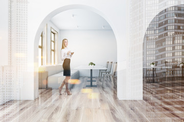 Blonde woman in white restaurant