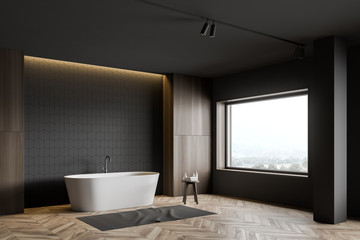 Naklejka na ściany i meble Gray and wooden bathroom corner, tub and column