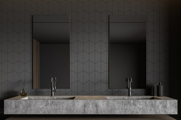 Gray tile bathroom interior with double sink