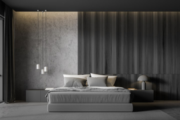 Concrete and dark wooden master bedroom interior