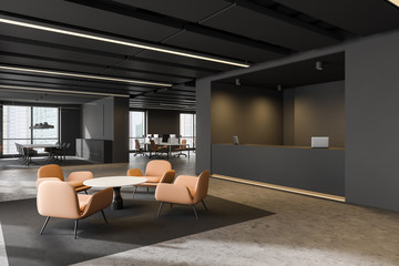 Gray reception and lounge in office corner