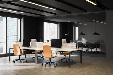 Dark gray open space office and meeting room