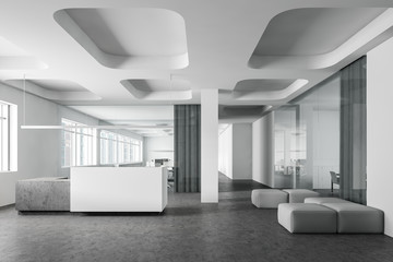 White reception and lounge in futuristic office
