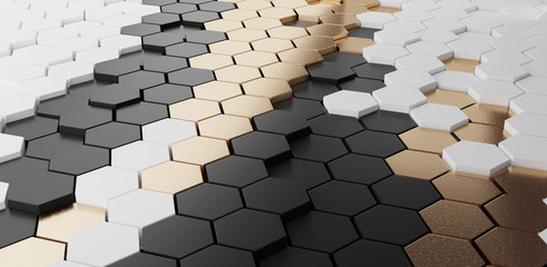 hexagons background black golden and white. 3d-illustration