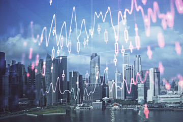 Forex chart on cityscape with skyscrapers wallpaper multi exposure. Financial research concept.