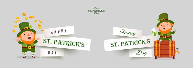 St. Patricks Day set of paper cut banners with leprechauns with gold coins and green beer. Festive design elements with funny traditional vector characters isolated on gray background