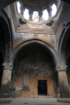 Interior of Surb Sion church in Saghmosavank Monastery (13h centuries). Saghmosavank village, Aragatsotn Region, Armenia.