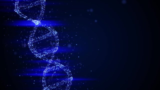 DNA evolution concept. Loopable video of abstract particles forming a dna frame and spinning in space.