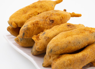 Indian Street Fried Food Spicy Chilli Pakora Served With Sauce & Chutney Also Know as Mirchi Bajji, Mirchi Vada, Mirchi Bada, Chili Cutlet or Chili Bajji It's a Popular Tea Time Snacks From India
