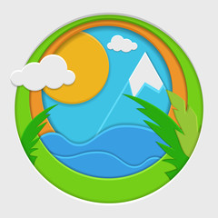 Summer background with sea, sun and palm. Paper cut card vector illustration