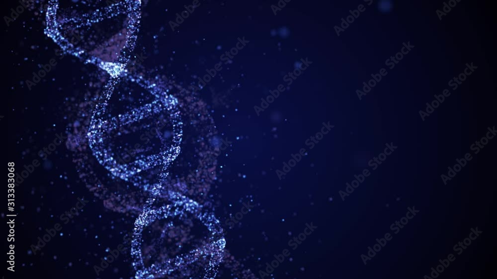Poster genetics heredity concept. 3d animation of dna consisting of particles with ancestors' genetic trait