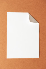 Fototapeta premium White empty clean paper sheet with folded corner on cardboard background. Top view, vertical. Template for poster. Mockup placard