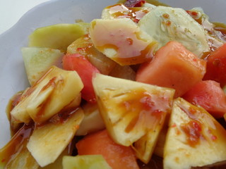 lotis buah or rujak (sweat, sour, spicy and fresh). fruit with hot chili paste. indonesian traditional fruit salad