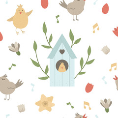 Vector seamless pattern with starling-house with leaves, chirping bird, first flowers. Cute bird house background. Spring digital paper.
