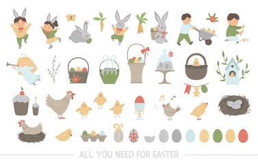 Big collection of design elements for Easter. Vector set with cute bunny, children, colored eggs, chirping bird, chicks, baskets. Spring funny illustration. .