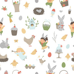 Vectors seamless pattern with design elements for Easter. Repeat background with cute bunny, children, colored eggs, chirping bird, chicks, baskets. Spring funny digital paper. .