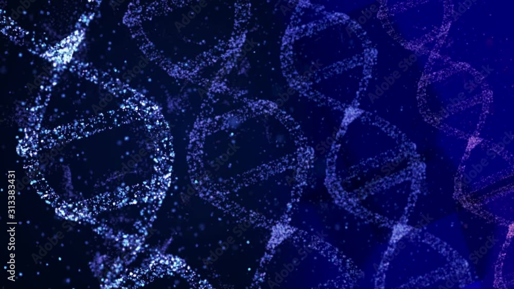 Poster four helix strand dna models against a dark background with flying bokeh particles around.