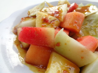 lotis buah or rujak (sweat, sour, spicy and fresh). fruit with hot chili paste. indonesian traditional fruit salad