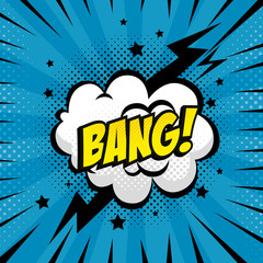 cloud with thunderbolt and bang lettering pop art style icon vector illustration design