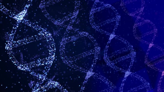 Four helix strand DNA models against a dark background with flying bokeh particles around.