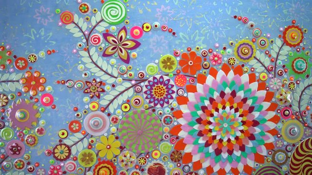 Tropical and jungle theme backdrop close-up, highlighting the beautiful detailed lolly pop flowers in vibrant colors. Slow motion over vivid contemporary exotic flowers painting artwork.