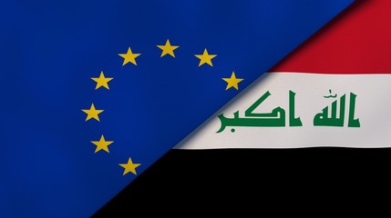 European Union Iraq national flags. News, reportage, business background. 3D illustration