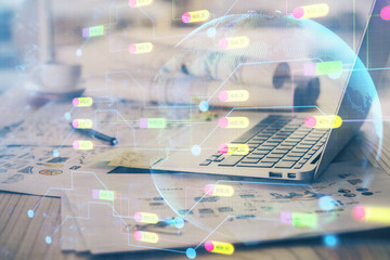 Double exposure of computer and technology theme hud. Concept of innovation.