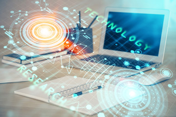 Double exposure of computer and technology theme drawing. Concept of innovation.