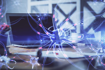 Desktop computer background and neuron drawing. Double exposure. Education concept.