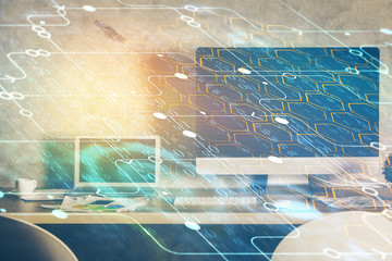 Technology theme drawing and work space with computer. Multi exposure. Concept of innovation.