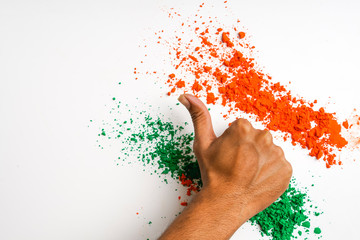Concept for Indian Independence day and republic day, Hand with tricolor on white background 