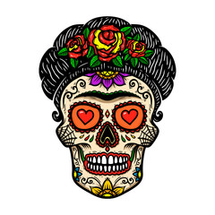 Vintage mexican woman skull isolated on white background. Design element for logo, label, sign, poster. Vector illustration