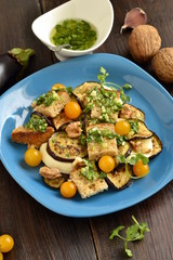 Eggplant with mozzarella, croutons, cilantro pesto and walnut, vertical 