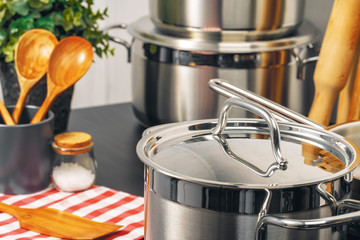 Clean saucepan on a gas stove in kitchen